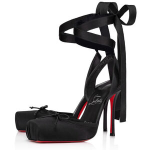 Christian Louboutin Cassia Lace Up 100 Black Tie Ballet Sandal Heel Pump 38